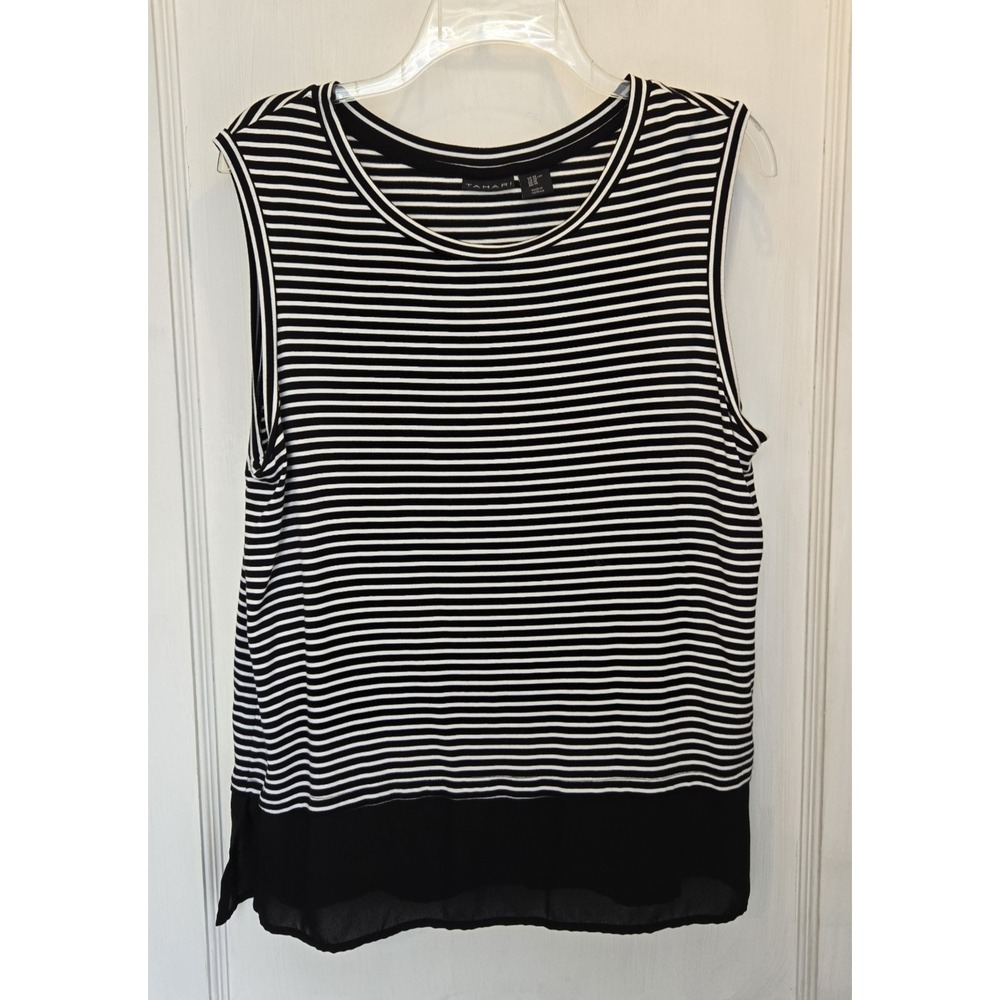 TAHARI Women's Black White Stripes Sleeveless Top w/ Black‎ Slit Hem Detail XL
